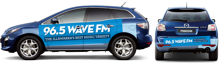 96.5 Wave FM logo on side and rear of a car