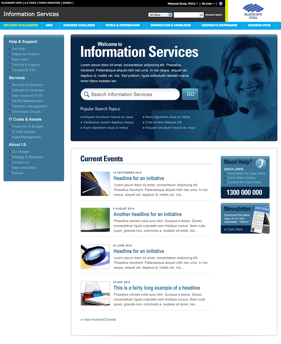 The redesigned Information Services intranet home page