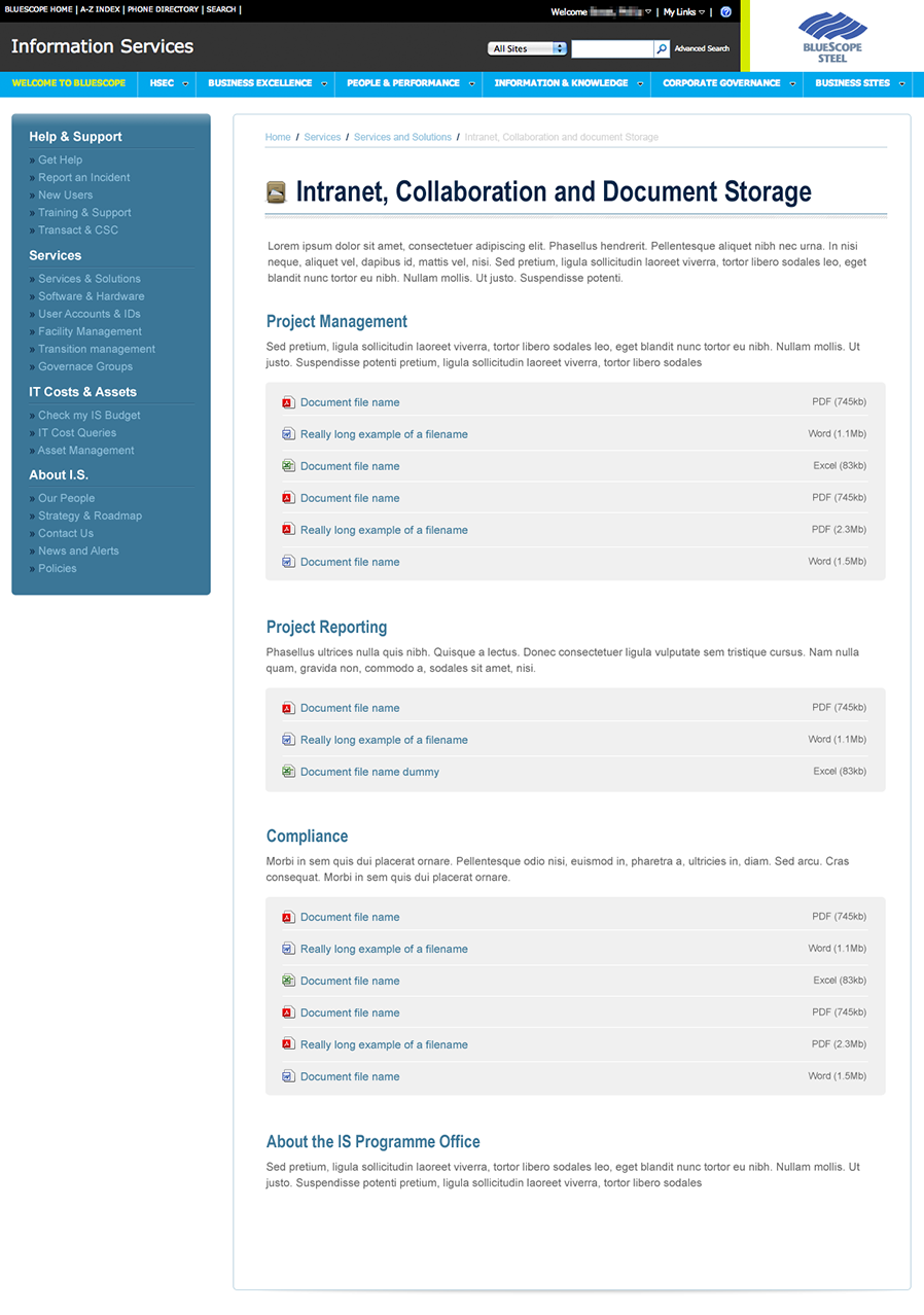 The redesigned document listing page