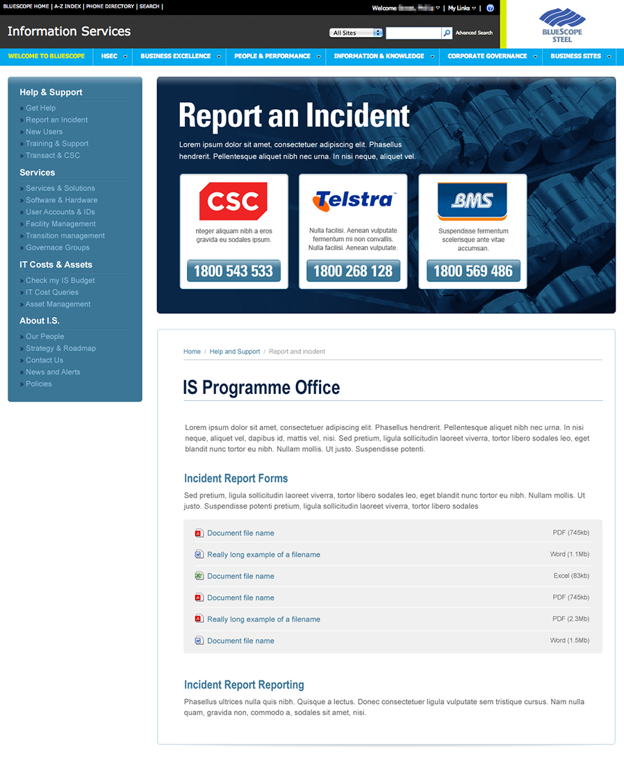 The redesigned support homepage, refocusing attention on how to report incidents