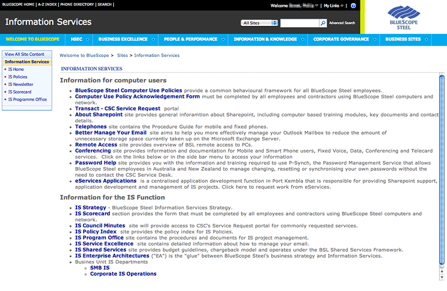 **Before:** The Information Services intranet home page before we began. It suffered from a lack of visual hierarchy, inappropriate information architecture and relied heavily on the built-in SharePoint theme.