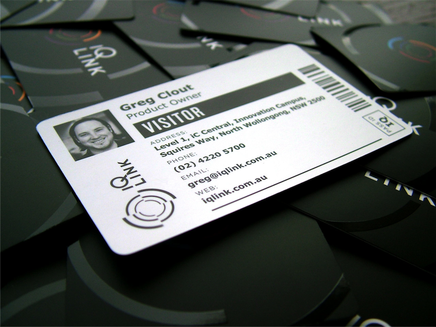 IQ LINK business card, modelled closely on the visitor labels IQ LINK prints