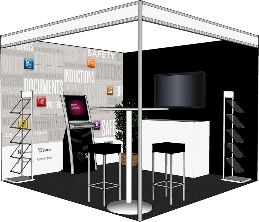 A 3D mockup of the booth we produced to help with layout. We ended up flipping the booth 90 degrees after a change in the trade show floor plan.