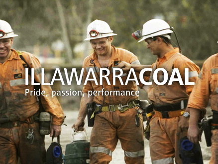 A still image from the Illawarra Coal induction video showing miners with Illawarra Coal logo superimposed