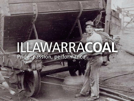 A still image from the Illawarra Coal induction video showing an old photo of miners with Illawarra Coal logo superimposed