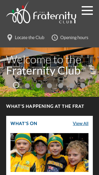 The Fraternity Club homepage (as seen on a mobile device)