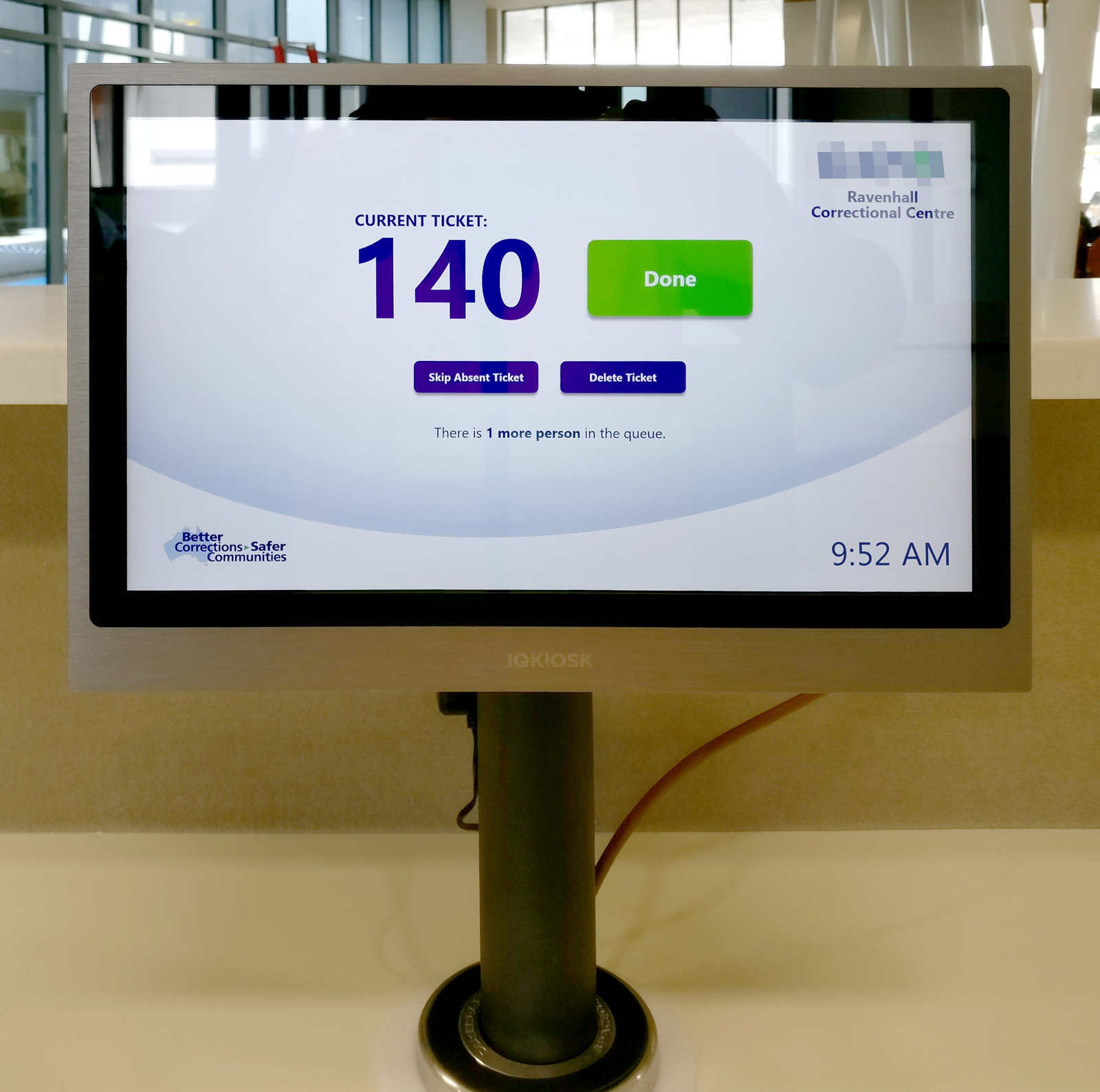 The service desk terminal is a securely-mounted 13-inch touch-screen, allowing staff to manage tickets in the queue. Photo courtesy Pro AV Solutions.