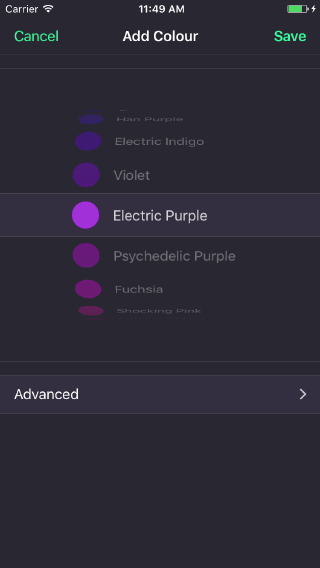 The iOS colour picker is a simple scrolling picker; a familiar interface element on the platform