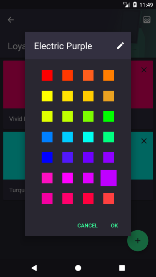 On Android, the colour picker is a custom dialog-based picker that presents all the predefined colours in a single grid for quick access.