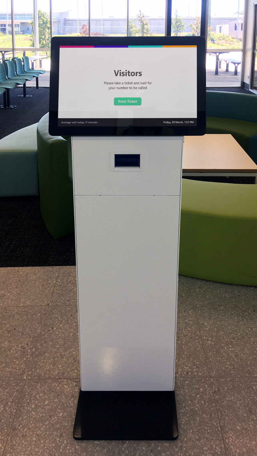 The kiosk was left unbranded to ensure it doesn’t draw attention away from other way-finding signage in the facility (which is tightly controlled). Photo courtesy Fredon Technology