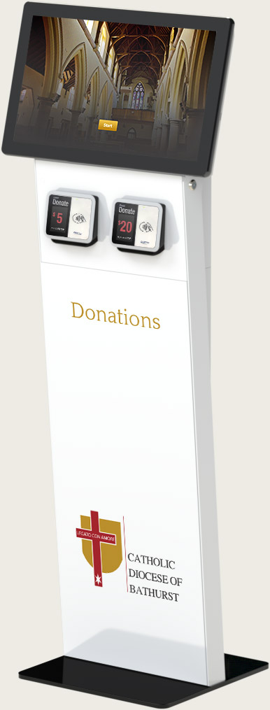 The donation kiosk when idle, showing two integrated donation terminals